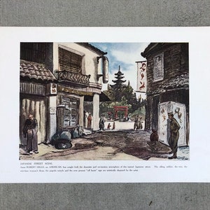 May include: A watercolor painting depicting a street scene in Japan. The painting shows a narrow street lined with traditional Japanese buildings, including a pagoda and a torii gate. There are people walking in the street, and the scene is filled with vibrant colors.