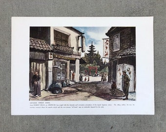 40s 1946 VINTAGE ROBERT HIGGS Japanese Street Scene print Benrido Printing Co. American Army Occupied Japan Kyoto art ephemera paper 10x14