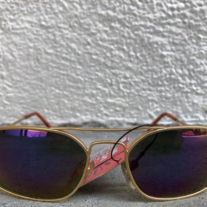 90s NEW NWT NOS Vintage sunglasses gold tone metal aviator frames reflective iridescent rainbow purple tinted lenses wide geometric cyber