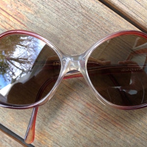 60s 70s VINTAGE Jackie O sunglasses clear red ombré plastic frames brown lenses oversized round butterfly boho disco mod deadstock Greece