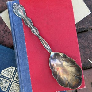 May include: A silver-toned metal spoon with a scalloped, shell-shaped bowl and an ornate, embossed handle featuring intricate scrollwork and floral detailing. The spoon exhibits a polished finish with subtle areas of natural tarnish and patina.