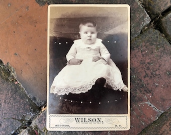 1800s 1900s ANTIQUE VINTAGE sepia photograph cabinet card portrait photo chubby baby child white dress Victorian Wilson Addison New York