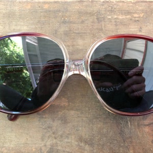 70s VINTAGE sunglasses red purple clear ombré acetate plastic frames gray tinted lens glasses round square shape oversized boho disco Greece