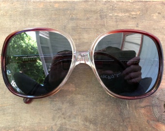 70s VINTAGE sunglasses red purple clear ombré acetate plastic frames gray tinted lens glasses round square shape oversized boho disco Greece