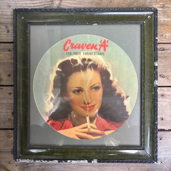 30s 40s VINTAGE Craven A for Your Throat's Sake Ad Advertisement Cigarette  Tobacco Smoke Smoking Female Woman Framed Green Collectible Deco