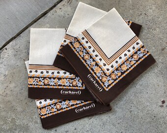 70s 80s NEW NWT Vintage Cacharel set 4 matching fabric napkins poly cotton beige brown blue floral neutral square designer boho hippie USA