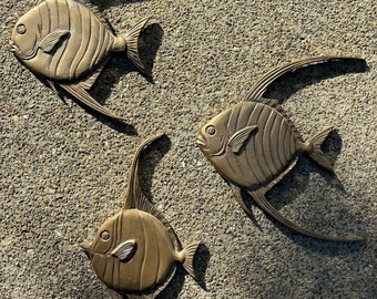 Conjunto vintage de 3 peces ángel, decoración de pared, colgantes de metal dorado, latón y pátina, estilo bohemio, mediados de siglo, estilo Palm Springs, Corea, MCM