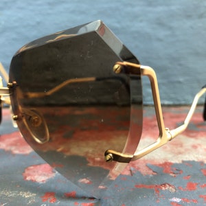 70s NEW VINTAGE sunglasses rimless faceted brown gradient lens matte gold tone metal oversized butterfly heart deadstock boho disco Taiwan