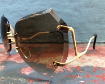 70s NEW VINTAGE sunglasses rimless faceted brown gradient lens matte gold tone metal oversized butterfly heart deadstock boho disco Taiwan