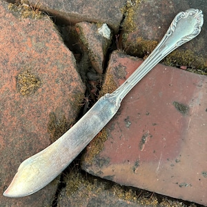 May include: A silver butter knife with an ornate handle, lying on a textured brown surface.