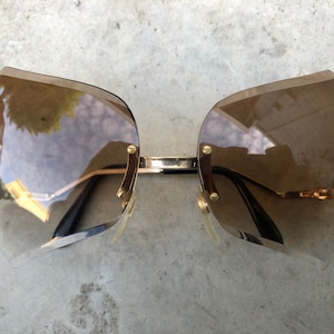 70s 80s NEW VINTAGE sunglasses rimless faceted brown gradient lens gold tone metal big oversized butterfly heart deadstock boho disco Taiwan