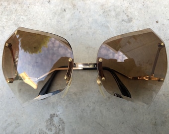 70s 80s NEW VINTAGE sunglasses rimless faceted brown gradient lens gold tone metal big oversized butterfly heart deadstock boho disco Taiwan