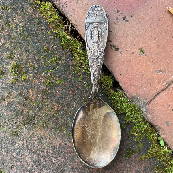 60s Vintage WM ROGERS International Silver Birth of Record baby spoon silver tone metal patina stork baby shower gift Adam October 10 1967