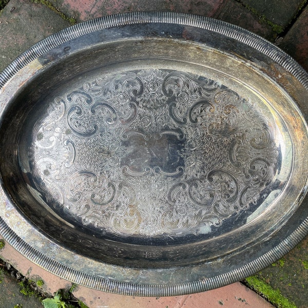 VINTAGE Newport by GORHAM YB731 silverplated silver tone metal plate dish tray vanity oval etched acanthus floral ornate distressed patina