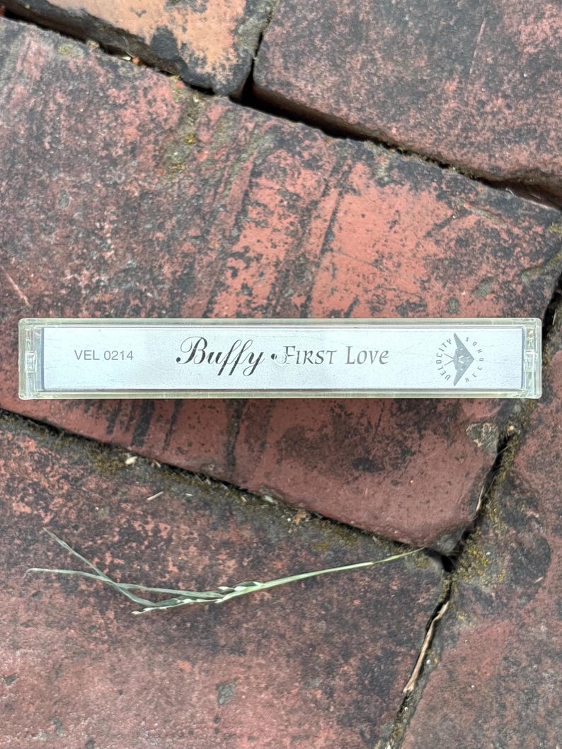 May include: A vintage cassette tape labeled "Buffy First Love" in a clear plastic case. The tape is set against a background of red bricks. The text "VEL 0214" is also visible on the tape.