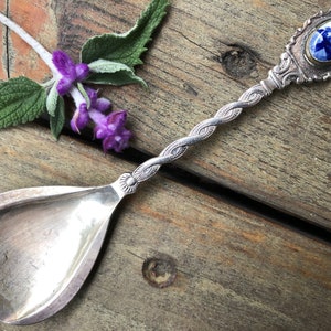 VINTAGE Dutch silverplate silver plated sugar shell souvenir spoon pink luster patinated metal blue & white ceramic windmill ornate Holland
