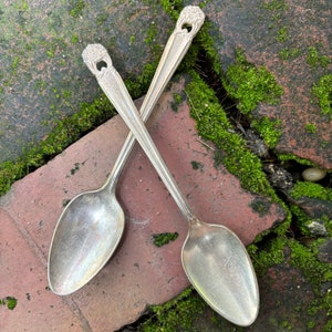 40s 1941 Vintage 1847 Rogers Bros Eternally Yours set of 2 matching teaspoon spoons silverplate silver plated metal floral flower Art Deco