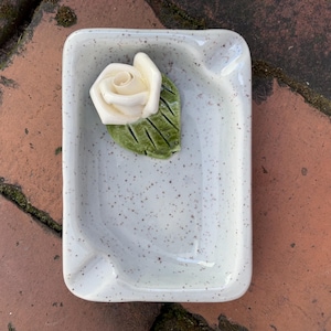 60s 80s VINTAGE ashtray catchall dish cool gray white beige speckled rose flower ceramic small rectangle cigarette grooves delicate pretty