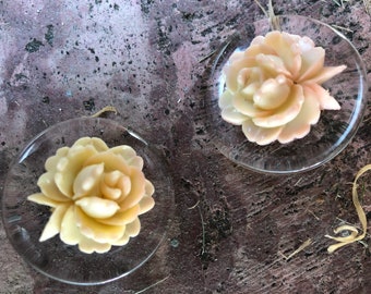 60s 3D VINTAGE clip on earrings clear lucite plastic pink peach beige pastel ombré rose flower round circle brass hardware mid century