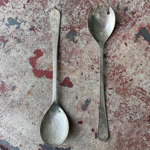 VINTAGE silverplate silver plated metal salad serving utensils set fork spoon patina patinated clean lines mid century modern MCM Italy 9&quot;