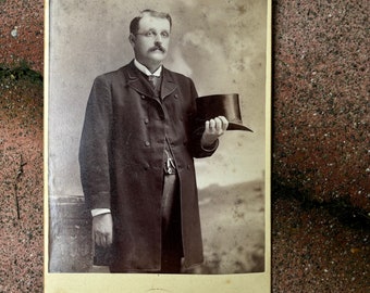 1800s 1900s ANTIQUE VINTAGE sepia photograph beige & gold cabinet card portrait gentleman mustache top hat Victorian Howes Turner Falls Mass