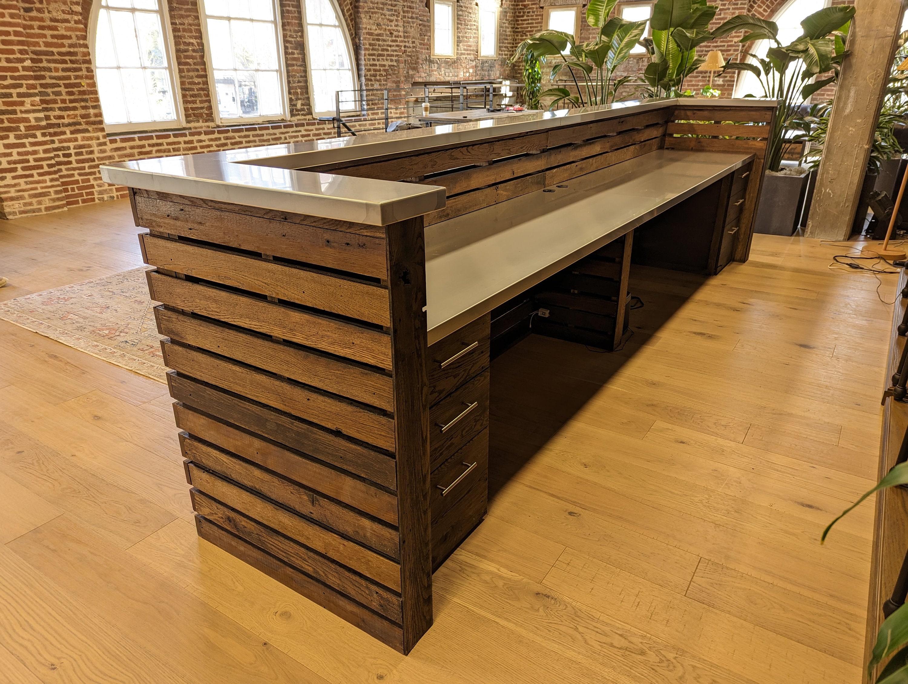 Illuminated Reclaimed Wood Slat and Steel Reception Desk Etsy