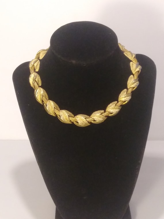 Kramer Gold Tone Leaf And Mesh Choker Necklace - image 1