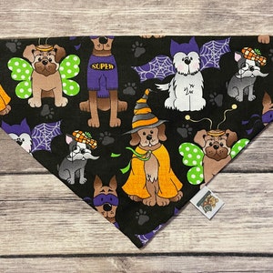 Trick or Treat Dogs in Costume Dog Bandana, Halloween Dog Bandanas, October, over the collar slide on dog bandanas, photo props for dogs