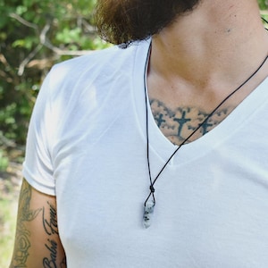 Tourmaline in Quartz Necklace, Crystal Necklace, Rutilated Quartz, Black Tourmaline, Double Terminated Point, Adjustable Cord, Leather