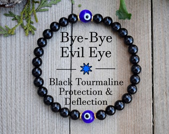 Black Tourmaline Bracelet with Evil Eye, Empath Protection, Aura Shield, Absorb Negativity, Gemstone Bracelet, Crystal Healing,