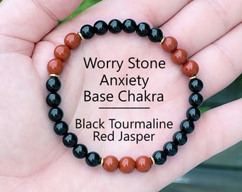 Red Jasper and Black Tourmaline Bracelet for Anxiety and Protection. Worry Stone Root Chakra Stretch Bracelet.