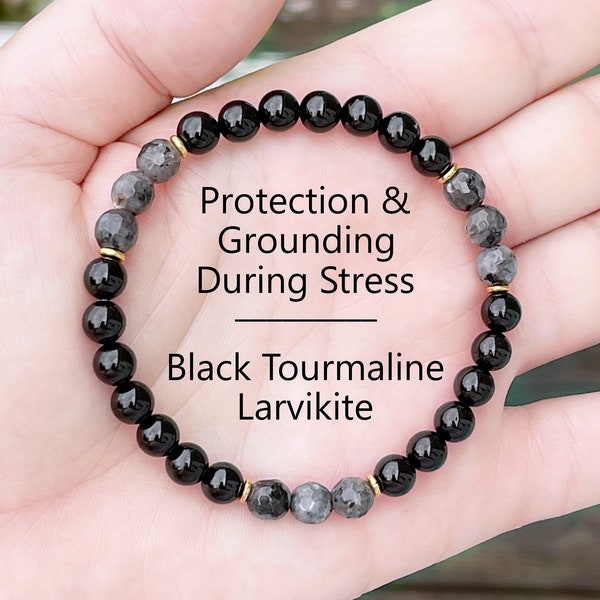 Black Tourmaline and Larvikite Bracelet for Protection and Grounding During Stress. 6mm Healing Crystal Stretch Bracelet, Genuine Gemstones