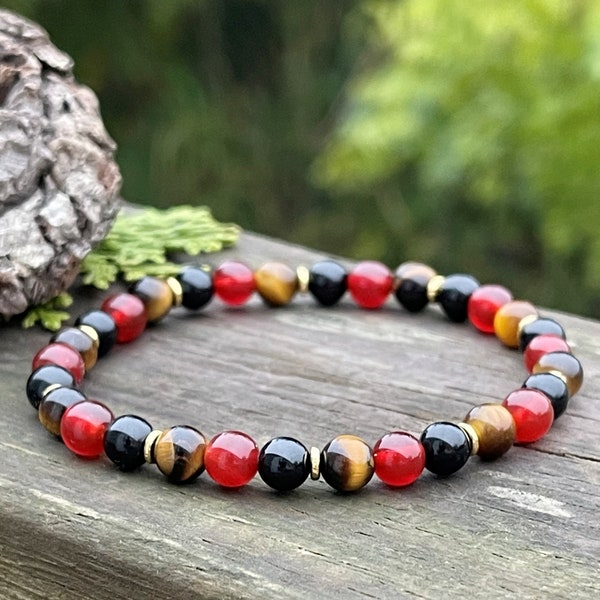 Sacral and Root Chakra Protection Bracelet. Black Tourmaline, Carnelian, Tigers Eye. 6mm Gemstone Crystal Bracelet. Stretchy Cord.