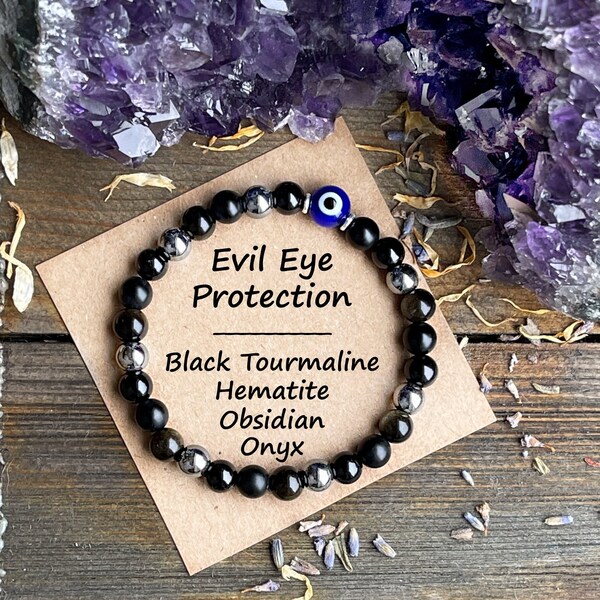 Evil Eye, Obsidian, Tourmaline, Black Onyx, Hematite | Spiritual Protection Bracelet | | 6mm Healing Crystal Bracelet, Stretchy