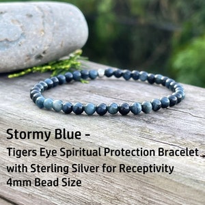 Blue Tigers Eye Protection Bracelet for Spiritual Protection and Abundance, Happiness, Root Chakra, and Hope. Sterling Silver, 4mm