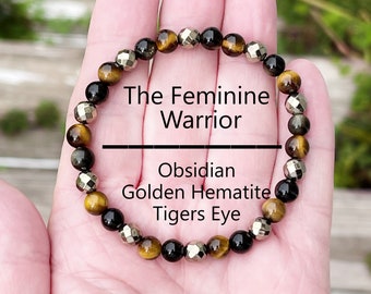 Tigers Eye with Obsidian and Golden Hematite - The Feminine Warrior. Spiritual Protection 6mm Crystal Bracelet.