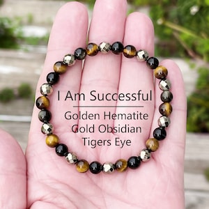 I Am Successful, Gold hematite + Tigers Eye + Black Gold Obsidian, Base Chakra Stones, Abundance, 6mm Genuine Gemstone Stretch Cording