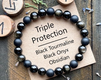 Protection Bracelet | Black Tourmaline Bracelet | Gold Black Obsidian | Black Onyx | 8mm or 6mm | Stretch Bracelet Triple Genuine Gemstones