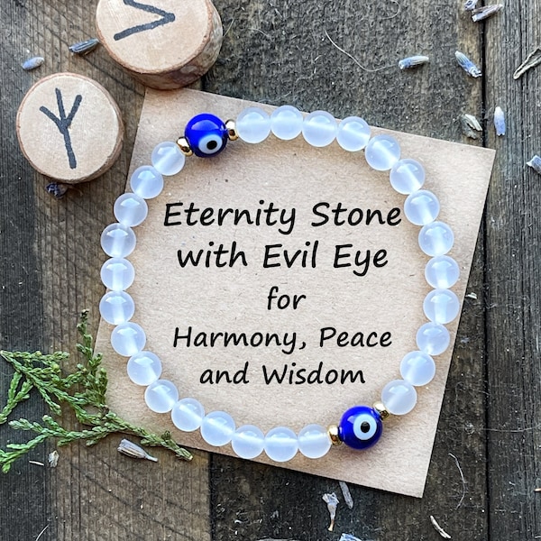 Evil Eye with White Agate,  Eternity Stone Bracelet, Crystal Bracelet, Harmony, Peace, Wisdom, Spiritual Gemstone Bracelet