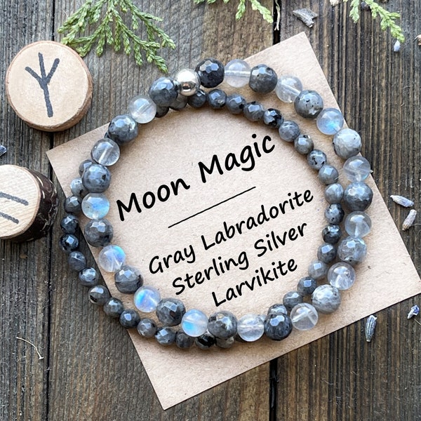 Moon Magic Bracelet | Labradorite, Larvikite, and Sterling Silver Bracelet | 6mm Healing Crystal Bracelet, Stretchy | Wiccan, Witchy, Pagan