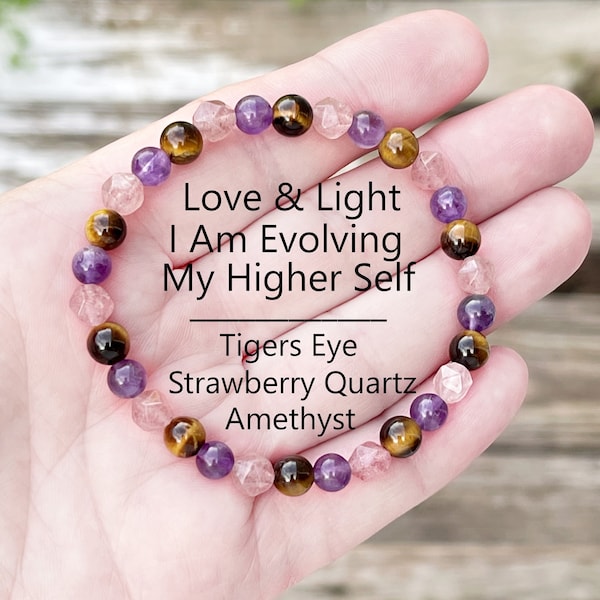 I Am Evolving My Higher Self" Love and Light Affirmation Bracelet of Tigers Eye, Amethyst, and Strawberry Quartz with 6mm Genuine Gemstones