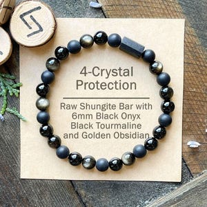 Shungite Bracelet | Black Tourmaline Bracelet | Gold Black Obsidian | Black Onyx | Protection Bracelet | 6mm Triple Genuine Gemstones