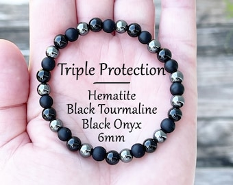 Triple Protection Bracelet, Black Tourmaline Bracelet, Black Onyx, + Hematite, Healing Crystal Bracelet, Stretch Cording, Genuine Gemstones