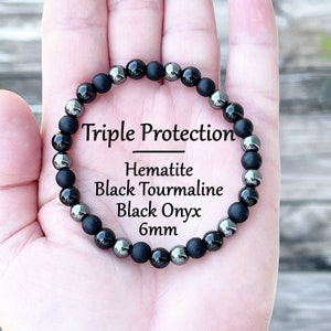 Triple Protection Bracelet, Black Tourmaline Bracelet, Black Onyx, + Hematite, Healing Crystal Bracelet, Stretch Cording, Genuine Gemstones