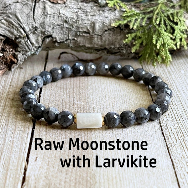 Moonstone Bracelet, Empath Protection, Larvikite for Strength, Calming, Worry Stone, Chakra Bracelet, Raw Gemstone 6mm