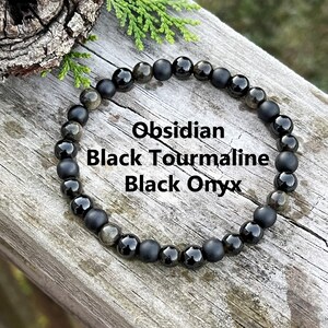 Black Tourmaline Bracelet, Gold Black Obsidian, Black Onyx, 6mm Stretch Bracelet | Energy Crystals for Empath Protection | Genuine Gemstones