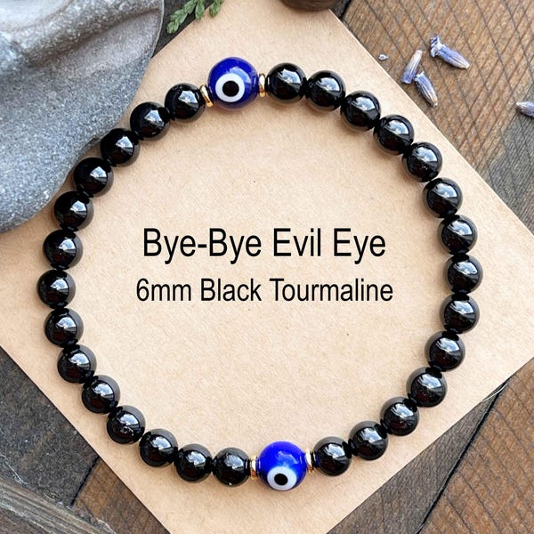 Black Tourmaline Evil Eye Bracelet | 6mm Protection Stretch Bracelet | Gold Filled Energy Jewelry