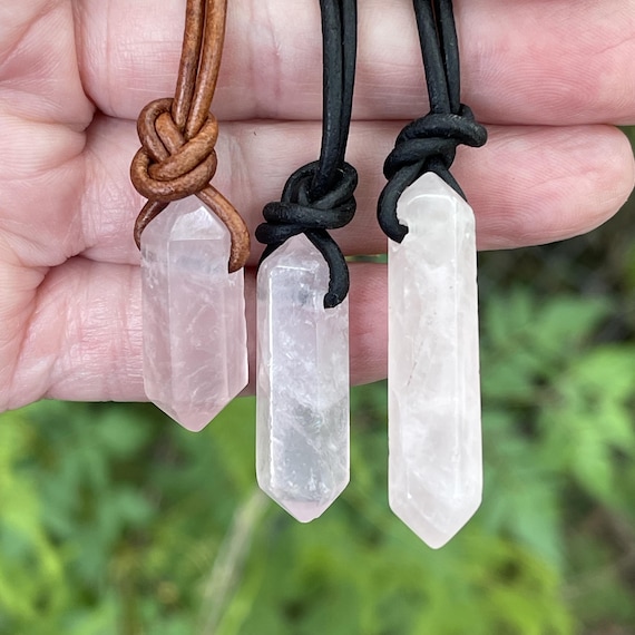 Rose Quartz Point Necklace, Double Terminated, Adjustable Leather