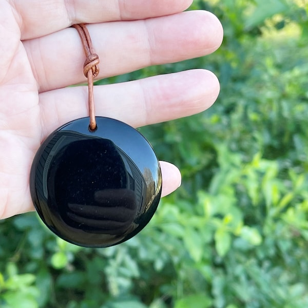 Obsidian Stone, Pendant Necklace, Black Obsidian, Adjustable Leather Cord, Wicca, Witchcraft, Manifestation