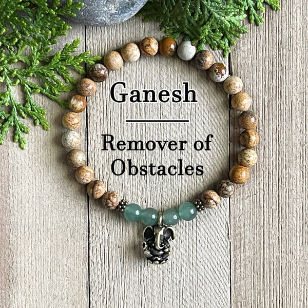 Ganesh Bracelet, Elephant Bracelet, Abundance & Luck, Green Aventurine and Picture Jasper, Healing Crystal, Spiritual Yoga Bracelet